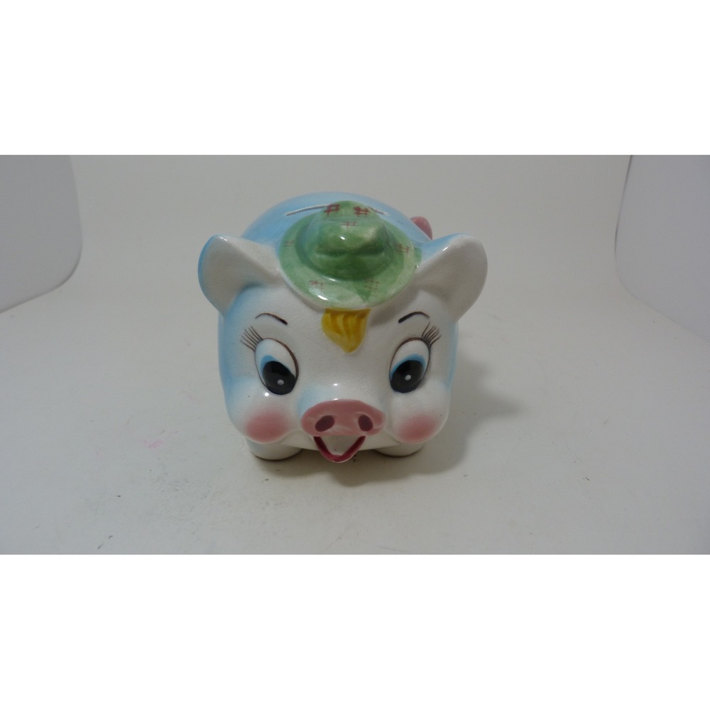 Vintage Blue Ceramic Piggy Bank Golf Hat Club Ball Kitschy Figurine Bank